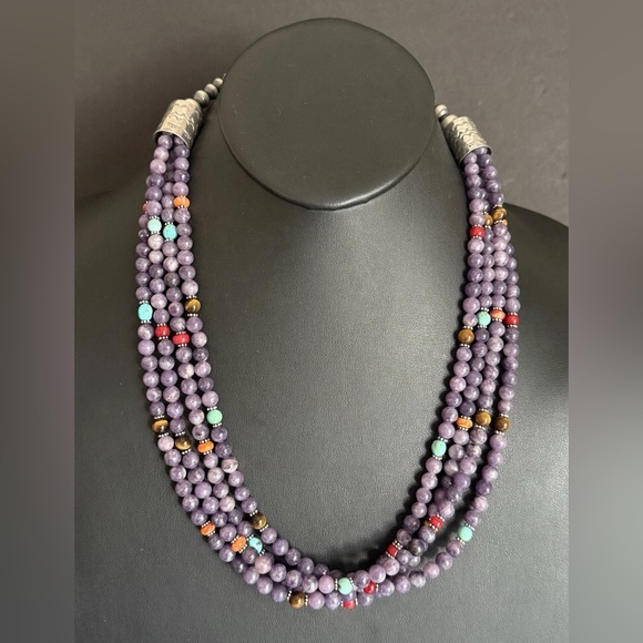 Sterling Silver Multi Strand Stone Purple Pearls Bead Necklace. 24 inch